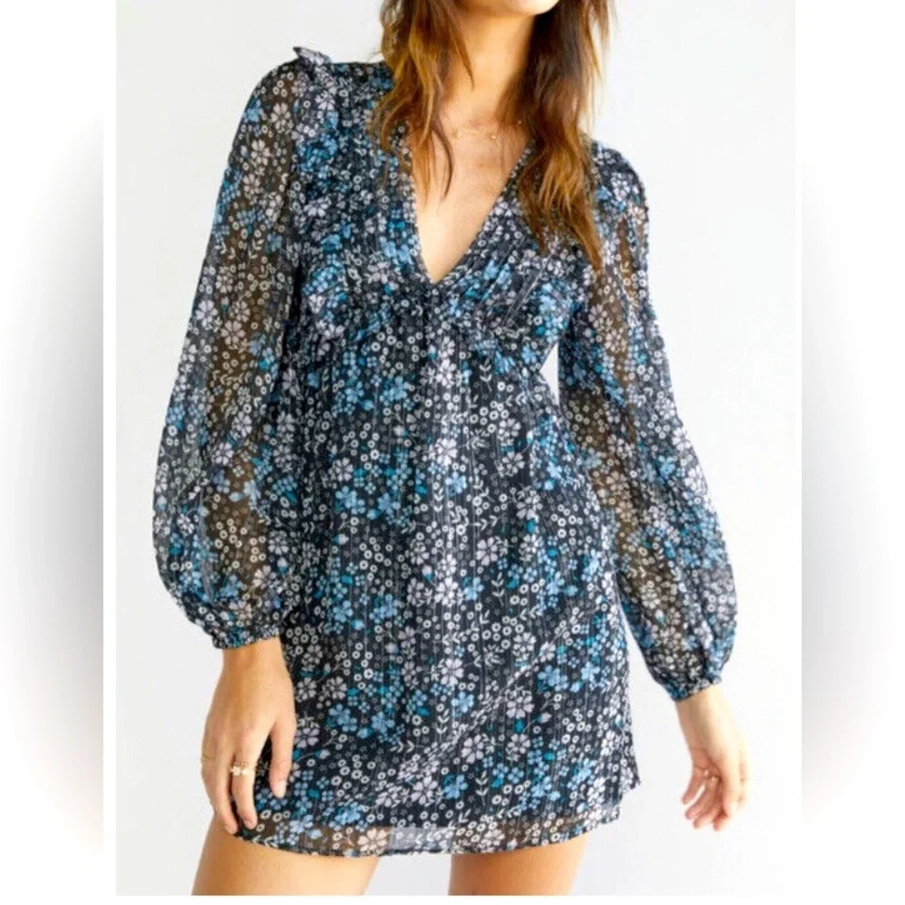 NWT Francesca V Neck Ruffle Floral Mini Dress Size XS